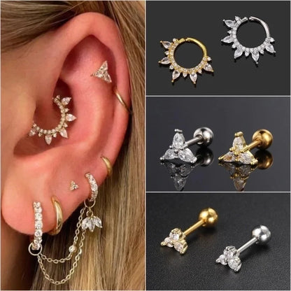 1 Piece Ear Cartilage Rings & Studs Minimalist IG Style Geometric Artificial Crystal Copper Inlay Zircon Ear Cartilage Rings & Studs