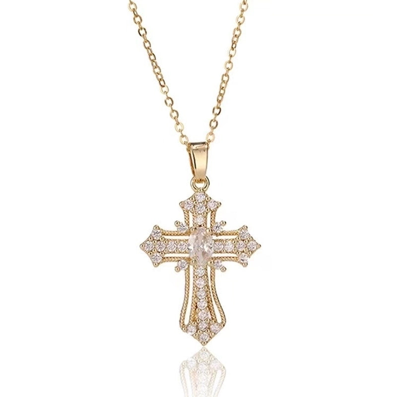 Minimalist Cross Copper Inlay Zircon Pendant Necklace