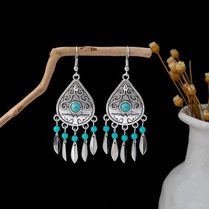 Bohemian Blue Turquoise National Style Earrings Imitation Miao Silver Metal Earrings Vintage Tassel Earrings