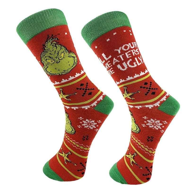 Christmas Mid-calf Length Socks Grinch Knitted Personalized Men And Women Socks Couple Fashion Socks