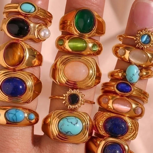 Vintage Style Ethnic Style Classic Style Colorful Stainless Steel Plating Inlay Natural Stone 18k Gold Plated Rings