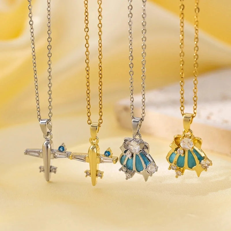 Titanium Steel Copper Plating Heart Shape Flower Bow Knot Pendant Necklace