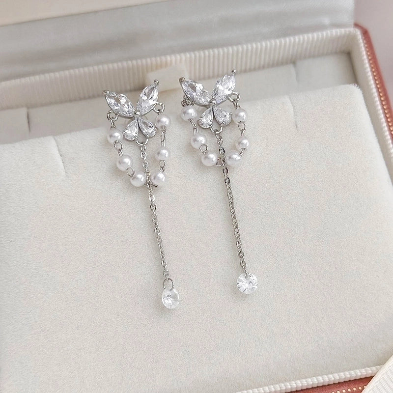 1 Pair Elegant Lady Streetwear Water Droplets Heart Shape Flower Hollow Out Inlay Steel Imitation Pearl Zircon Drop Earrings