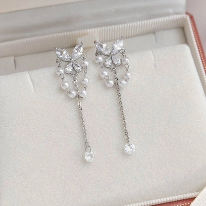 1 Pair Elegant Lady Streetwear Water Droplets Heart Shape Flower Hollow Out Inlay Steel Imitation Pearl Zircon Drop Earrings