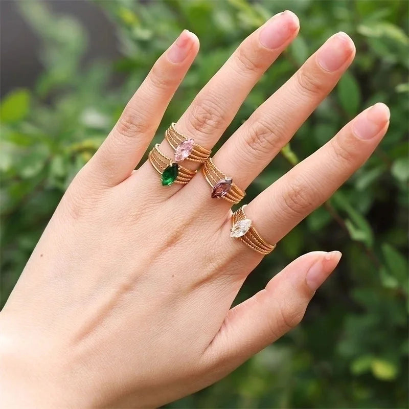 Elegant Sweet Oval Stainless Steel Plating Inlay Zircon 18k Gold Plated Open Rings