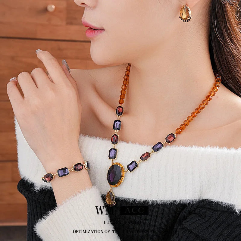 Women Luxurious Bell Ellipse Quadrilateral Round Heart Droplet Alloy Diamond Inlay Jewelry Sets