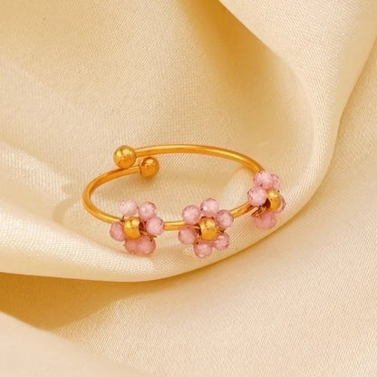 IG Style Sweet Flower 304 Stainless Steel 18K Gold Plated Beaded Knitting Open Rings