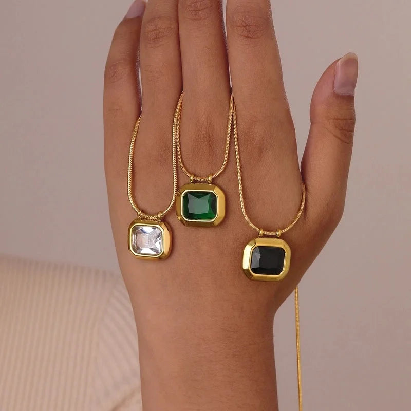 Retro Square 201 Stainless Steel Glass 18K Gold Plated Inlay Pendant Necklace