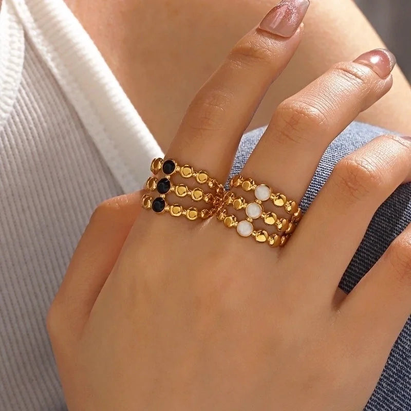 304 Stainless Steel 18K Gold Plated Minimalist Enamel Round Rhombus Open Rings