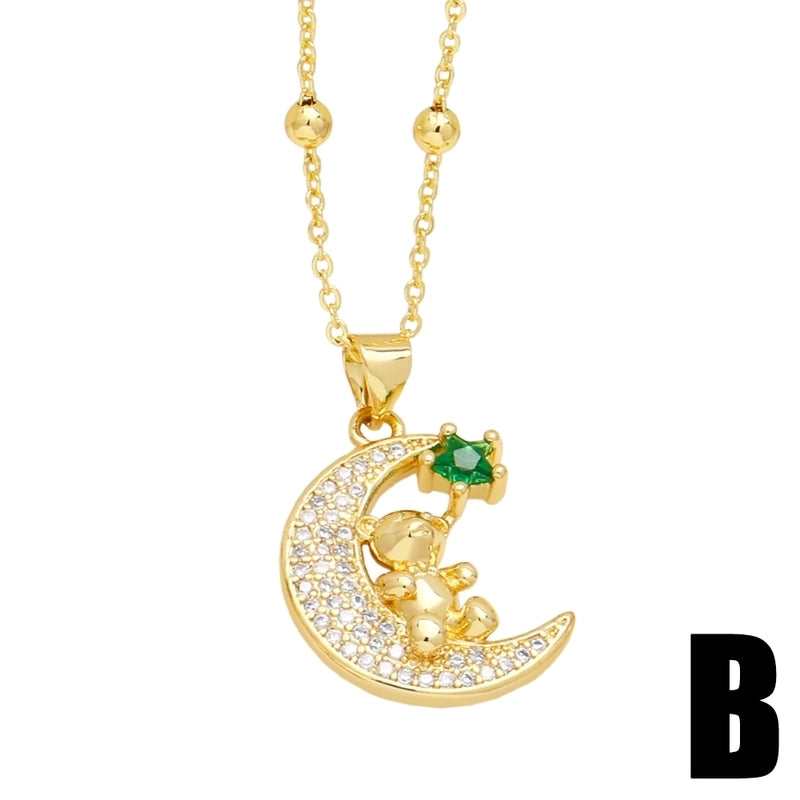 Cute Minimalist Little Bear Copper 18k Gold Plated Zircon Pendant Necklace In Bulk