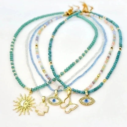 2 Pieces Elegant Lady Devil\'S Eye Butterfly 304 Stainless Steel Artificial Crystal Turquoise Gold Plated Pendant Necklace In Bulk