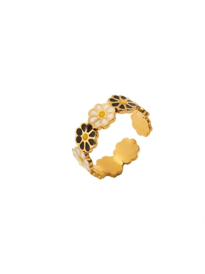 Retro Eye Flower Snake 304 Stainless Steel 18K Gold Plated Enamel Open Rings