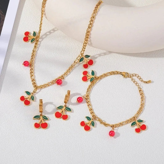 Elegant Sweet Cherry 304 Stainless Steel 18K Gold Plated Epoxy Inlay Jewelry Set