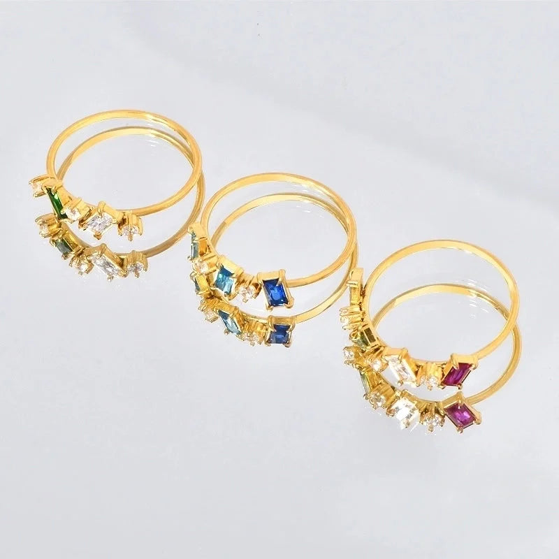 Elegant Geometric Solid Color 304 Stainless Steel Rhinestones 18K Gold Plated Inlay Rings
