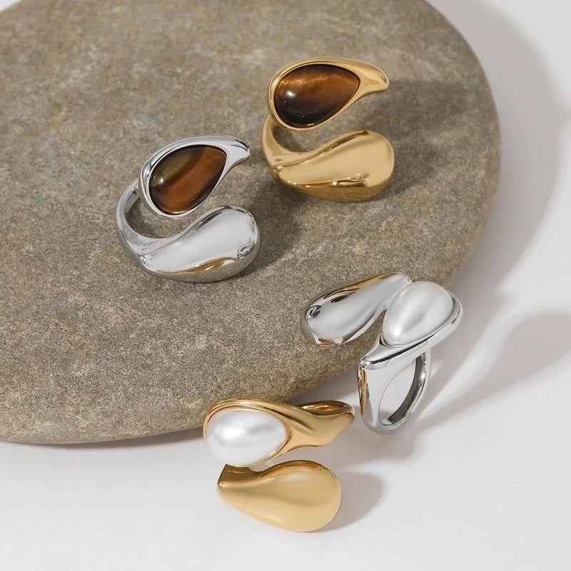 Modern Style Artistic Geometric 316 Stainless Steel Pearl Tiger Eye 16K Gold Plated White Gold Plated Gold Plated Open Rings