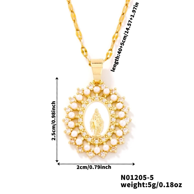 Vintage Style Religion Artistic Round Virgin Mary 304 Stainless Steel Copper Zircon K Gold Plated Inlay Pendant Necklace
