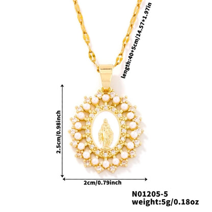 Vintage Style Religion Artistic Round Virgin Mary 304 Stainless Steel Copper Zircon K Gold Plated Inlay Pendant Necklace