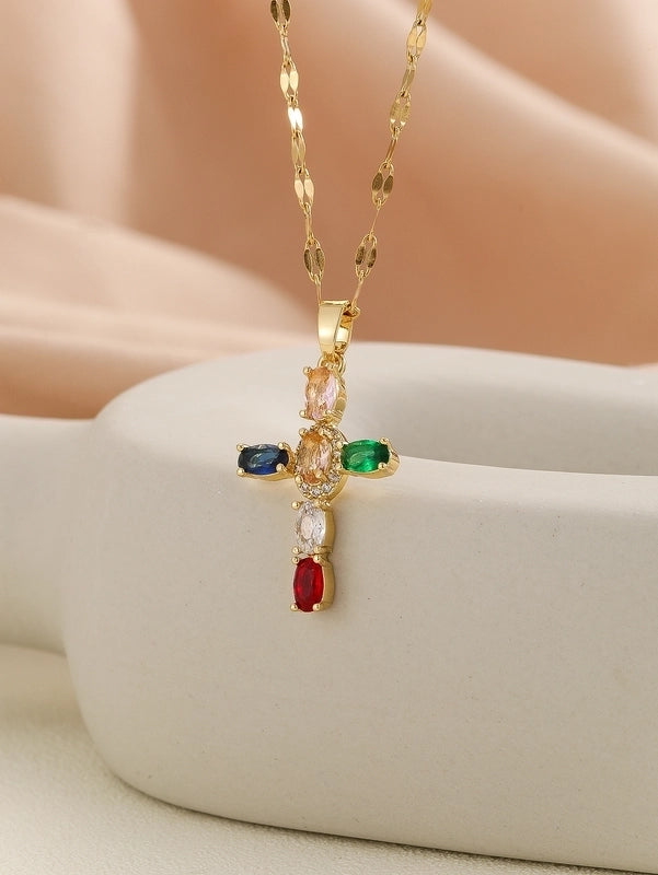 Copper Inlay Cross Rhinestones Pendant Necklace
