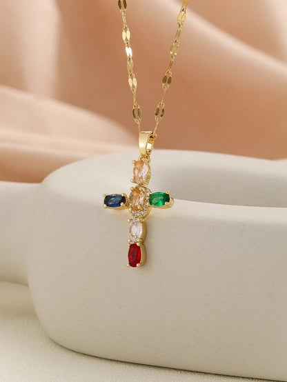 Copper Inlay Cross Rhinestones Pendant Necklace