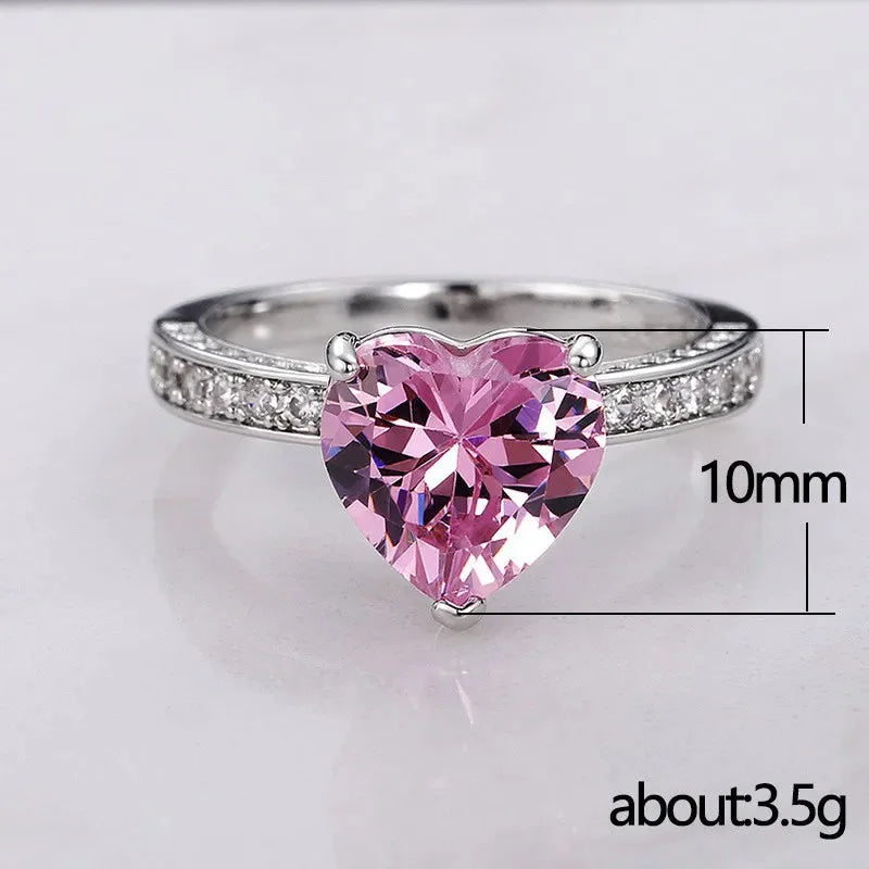 New Wedding Rings Inlaid With Aaa Heart-shaped Pink Diamond Zircon Copper Ring