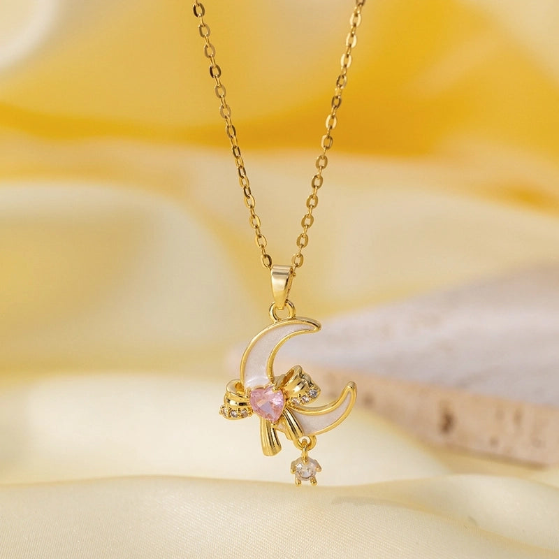 Titanium Steel Copper Plating Heart Shape Flower Bow Knot Pendant Necklace