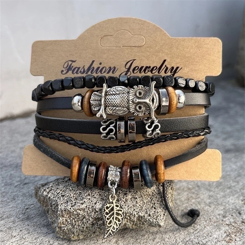 Casual Punk Cool Style Leaf Skull Pu Leather Alloy Halloween Men's Bracelets