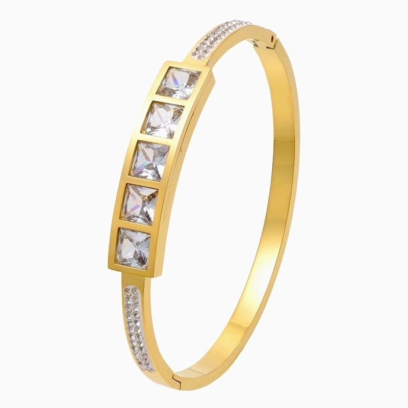 Minimalist Shiny Geometric Titanium Steel Gold Plated Zircon Bangle In Bulk