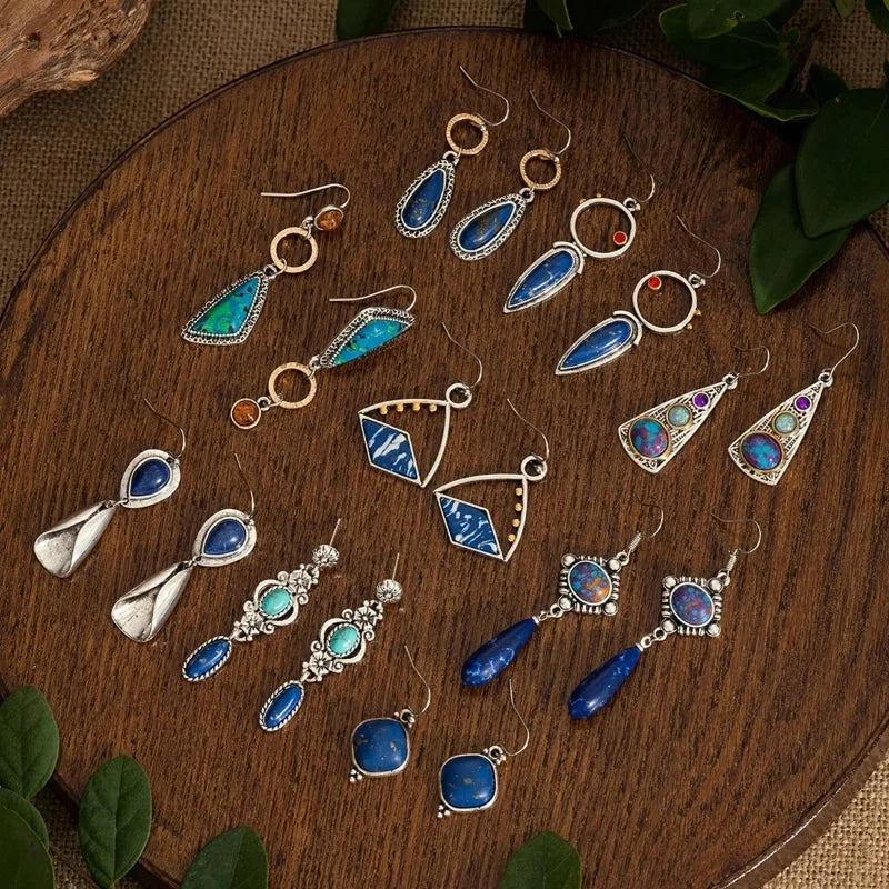 Hot Artistic Retro Geometric Lapis Lazor Ear Drop Bohemian Natural Stone Antique Women\'s Earrings