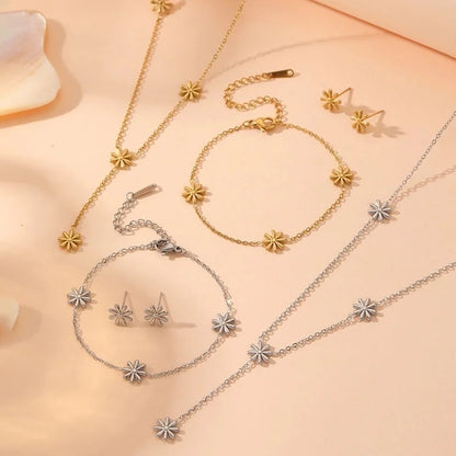 Sweet Minimalist Flower Titanium Steel 18K Gold Plated Bracelets Necklace Jewelry Set