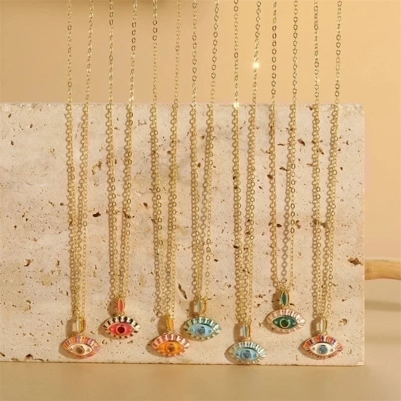 Retro Classic Style Devil's Eye Copper Enamel Plating Inlay Zircon 14k Gold Plated Pendant Necklace