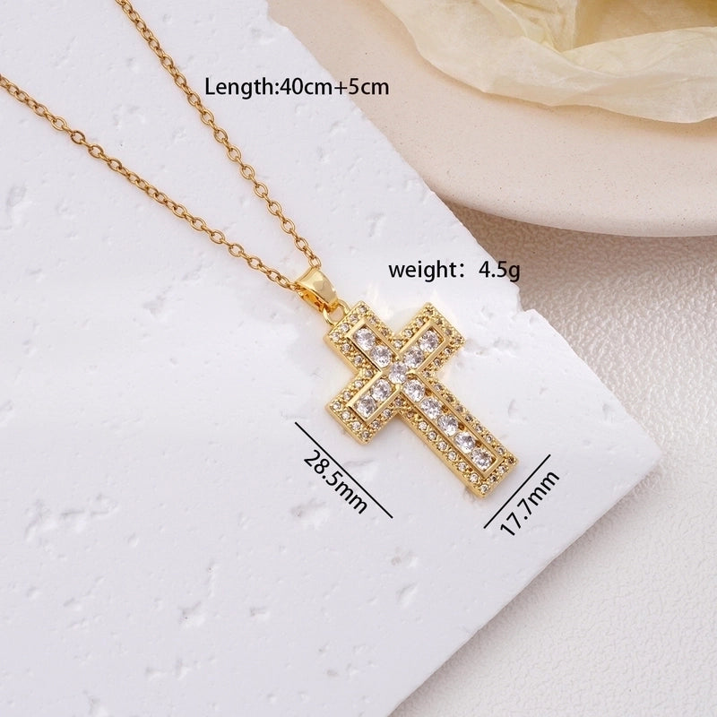 304 Stainless Steel Copper Inlay Cross Zircon Pendant Necklace