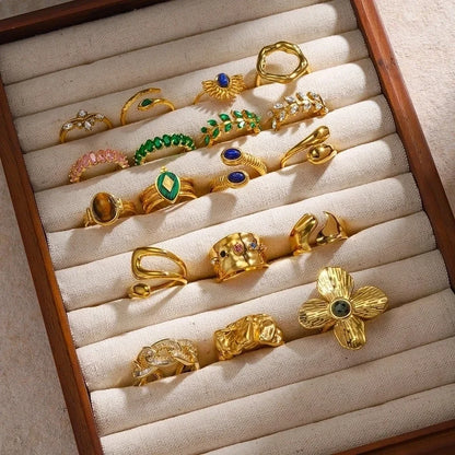 IG Style Geometric 304 Stainless Steel Artificial Pearls Zircon 18K Gold Plated Inlay Open Rings Rings