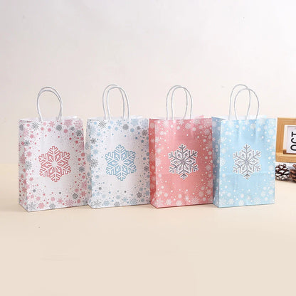 12 Pieces Christmas Snowflake Gift Bag Cartoon Printed Handheld Kraft Paper Bag Party Gift Paper Bag Handheld Bag Candy Bag