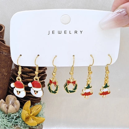 1 Set Cute Santa Claus Snowman Elk Enamel Inlay Alloy Rhinestones Drop Earrings