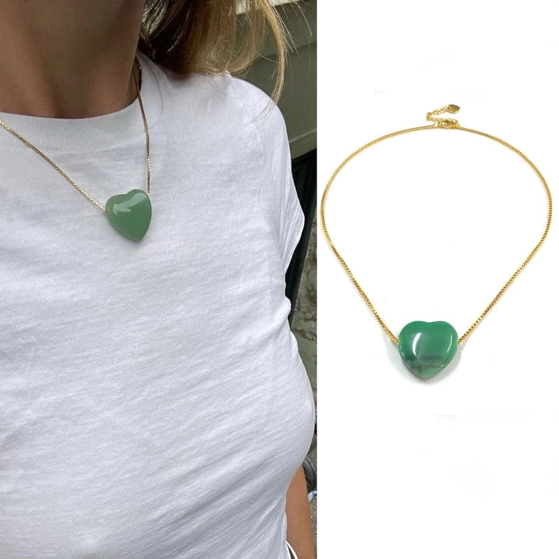 2 Pieces Minimalist Heart Shape Natural Stone Titanium Steel Pendant Necklace In Bulk