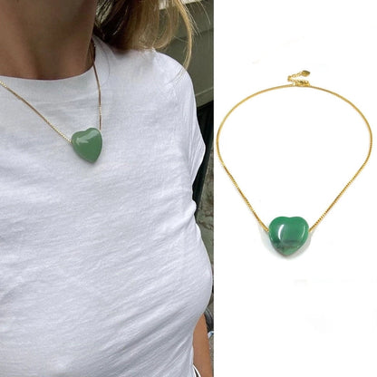 2 Pieces Minimalist Heart Shape Natural Stone Titanium Steel Pendant Necklace In Bulk