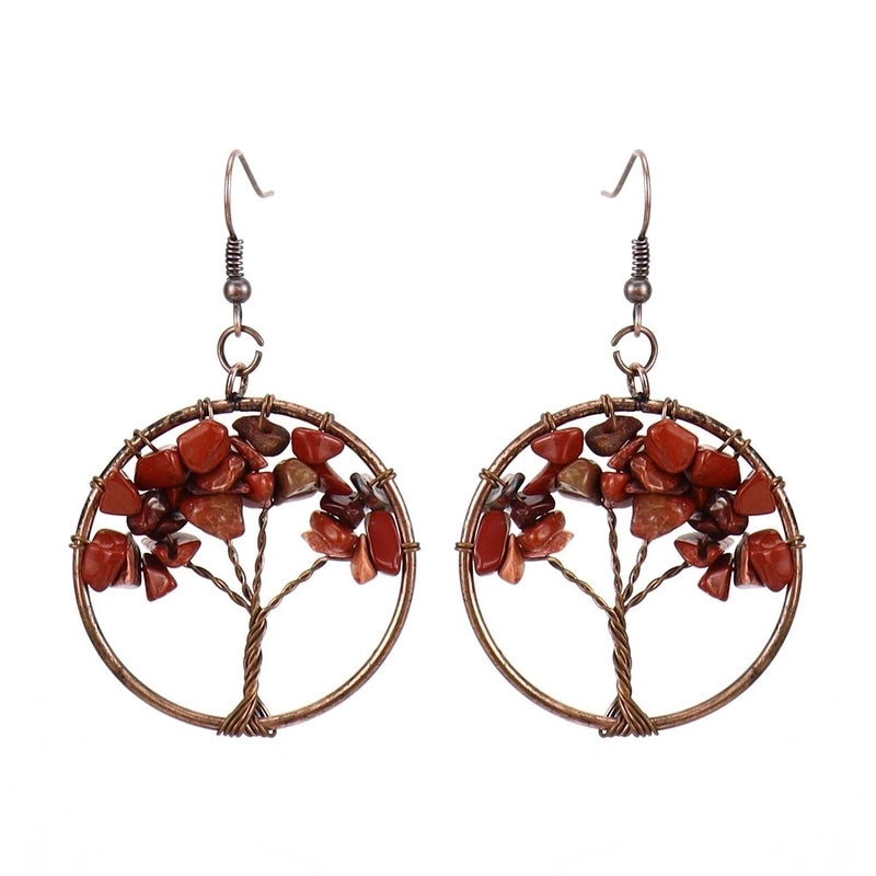 1 Pair Ethnic Style Pastoral Tree Hollow Out Natural Stone Copper Drop Earrings