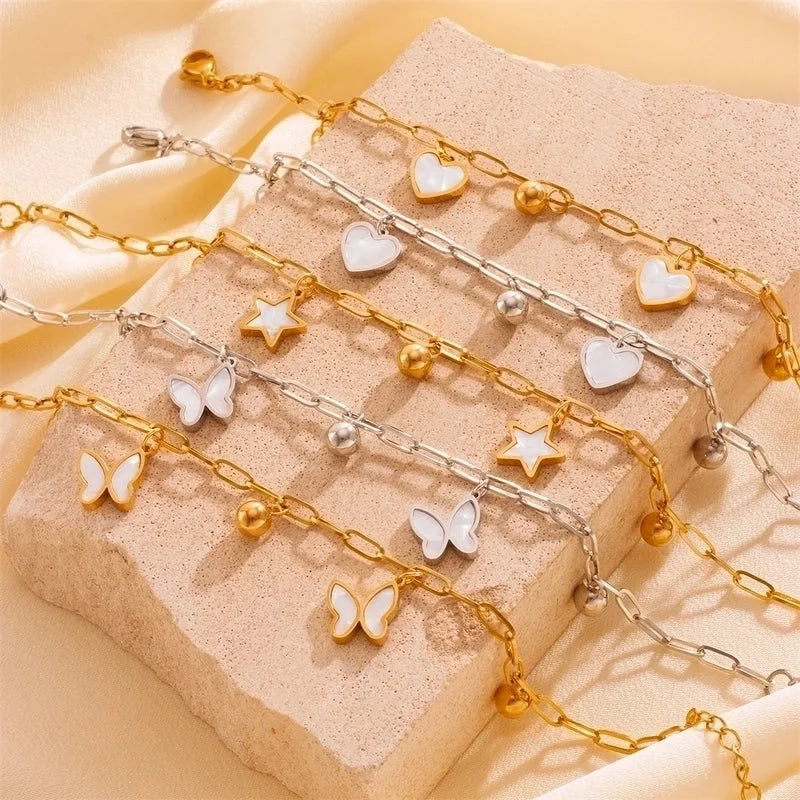 IG Style Sweet Star Heart Shape Butterfly Titanium Steel Acrylic 18K Gold Plated Inlay Bracelets Anklet
