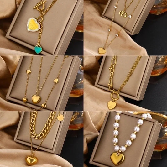 IG Style Vintage Style Letter Heart Shape 304 Stainless Steel Artificial Pearls Rhinestones Zircon 18K Gold Plated Enamel Plating Inlay Double Layer Necklaces Pendant Necklace