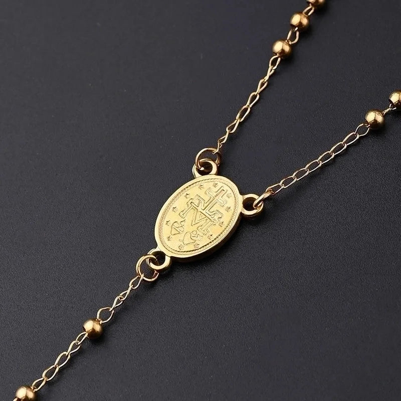 IG Style Casual Classical Cross Round Beads Virgin Mary 304 Stainless Steel Rhinestones 18K Gold Plated Handmade Plating Inlay Necklace