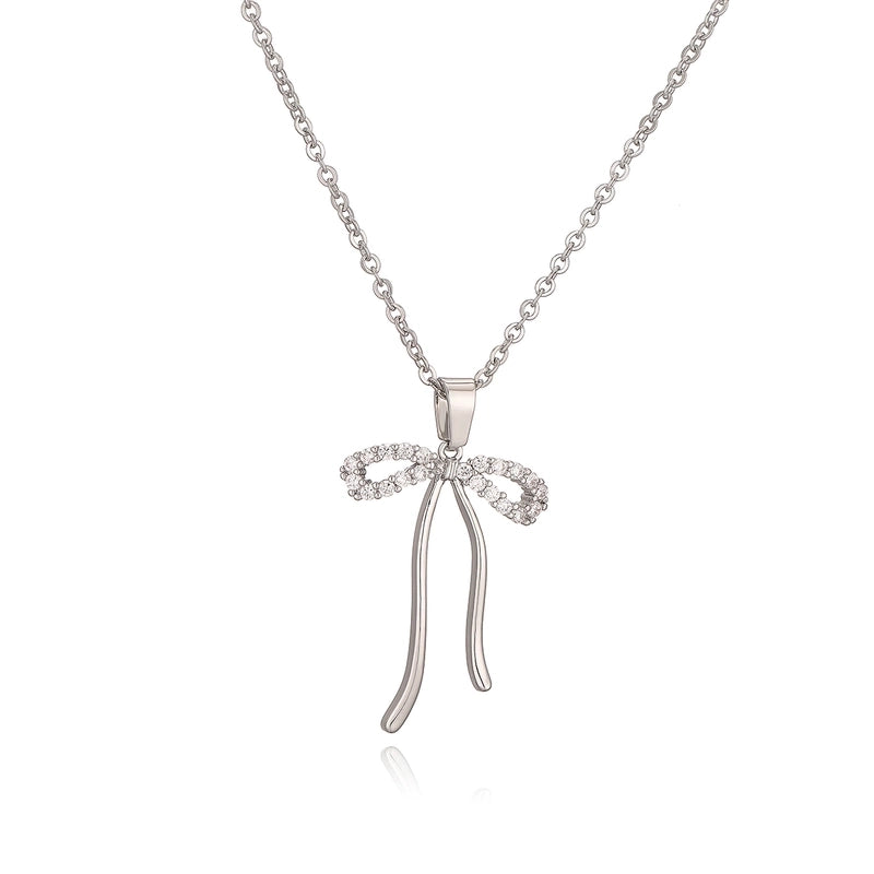 Copper 18K Gold Plated Sweet Minimalist Commute Plating Inlay Bow Knot Zircon Pendant Necklace
