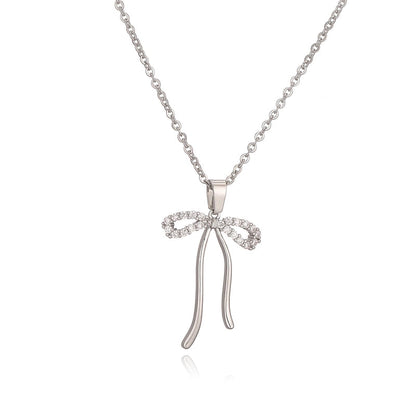 Copper 18K Gold Plated Sweet Minimalist Commute Plating Inlay Bow Knot Zircon Pendant Necklace