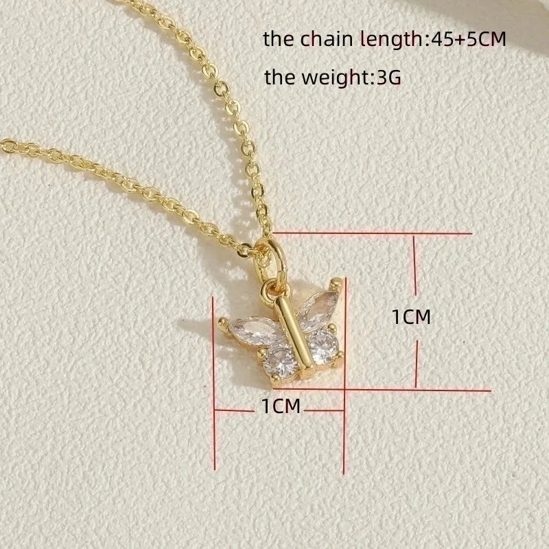 Minimalist Butterfly Copper Plating Chain Zircon 14k Gold Plated Pendant Necklace