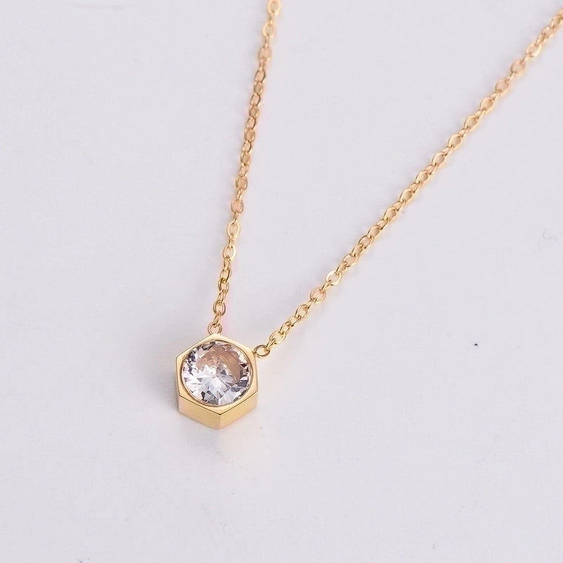 Stainless Steel 18K Gold Plated Rose Gold Plated Princess Wedding Shiny Plating Inlay Hexagon Zircon Pendant Necklace