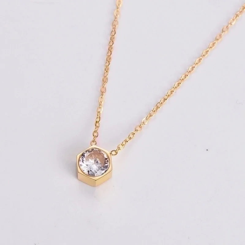 Stainless Steel 18K Gold Plated Rose Gold Plated Princess Wedding Shiny Plating Inlay Hexagon Zircon Pendant Necklace