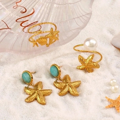 Beach Starfish Shell 304 Stainless Steel Artificial Pearls Amazonite 18K Gold Plated Inlay Rings Earrings