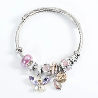 Sweet Love Butterfly Titanium Steel Plating Artificial Crystal Artificial Pearls Bangle