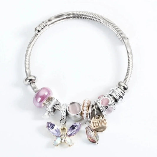 Sweet Love Butterfly Titanium Steel Plating Artificial Crystal Artificial Pearls Bangle