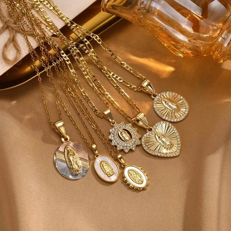 Religion Classic Style Human Virgin Mary 201 Stainless Steel Copper Shell Zircon 18K Gold Plated Pendant Necklace