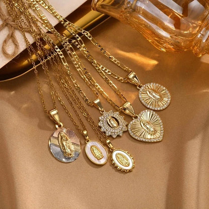 Religion Classic Style Human Virgin Mary 201 Stainless Steel Copper Shell Zircon 18K Gold Plated Pendant Necklace